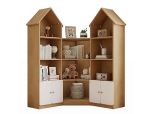 Étagère enfant en forme de maison avec 4 niveaux de chaque côté et placards à portes, meuble de rangement d'angle à hauteur adaptée, blanc et naturel