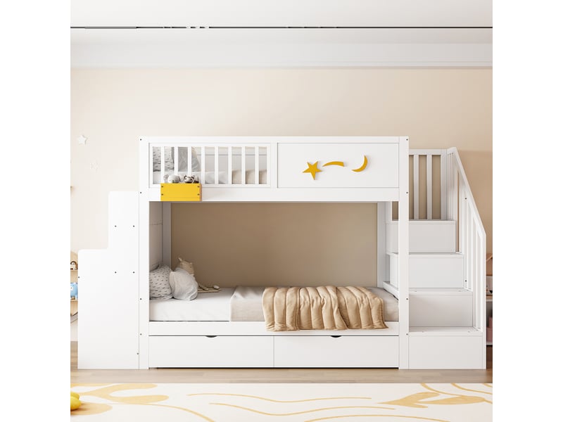  Lit superposé enfant 90 x 200 cm blanc avec bureau intégré, escalier de rangement, tiroirs sur roulettes et cadre en pin massif  - Conforama R