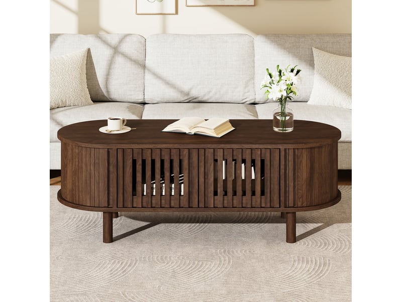  Table basse forme ovale 100x40x38 cm avec rangement en mdf et bois couleur marron, design simple  - Conforama E