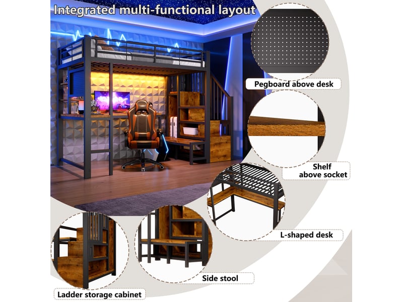 Lit mezzanine 90 × 200 cm 1 place avec bureau, étagères, led, usb et type-c, sans matelas, métal noir - Conforama E