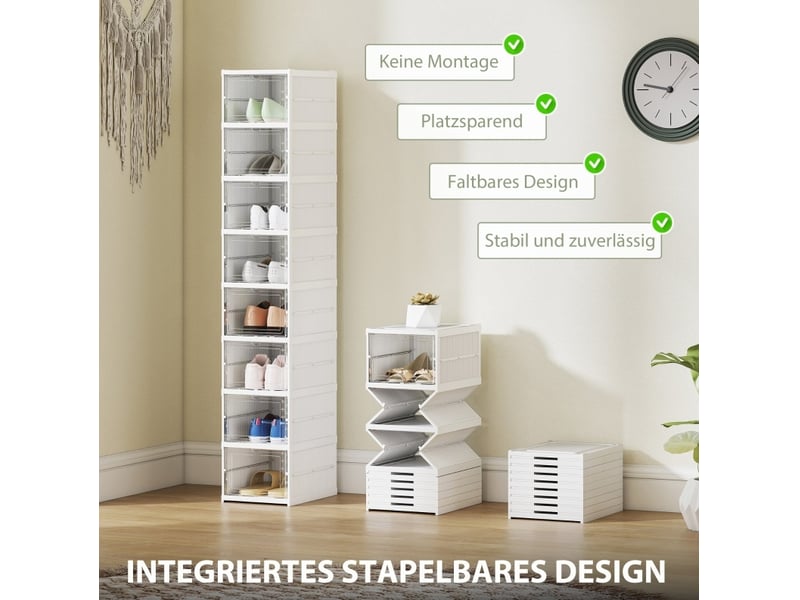  Boîtes à chaussures empilables et pliables, lot de 8, 26x35x140 cm, portes transparentes, plastique blanc  - Conforama D