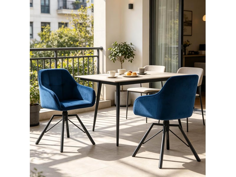  Chaise de salle à manger pivotante avec accoudoirs et dossier rembourré, lot de 2 en velours bleu  - Conforama D