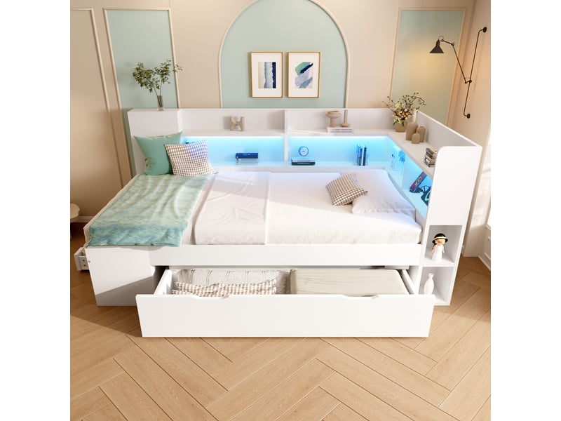  Lit banquette 90x190 cm avec rangements étagères tiroirs led usb usb-c sommier à lattes mdf blanc  - Conforama D