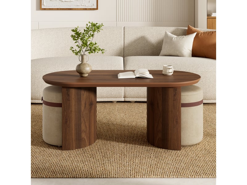 Table basse ovale avec 2 poufs, ensemble moderne en mdf pour salon et espace lounge - Conforama B