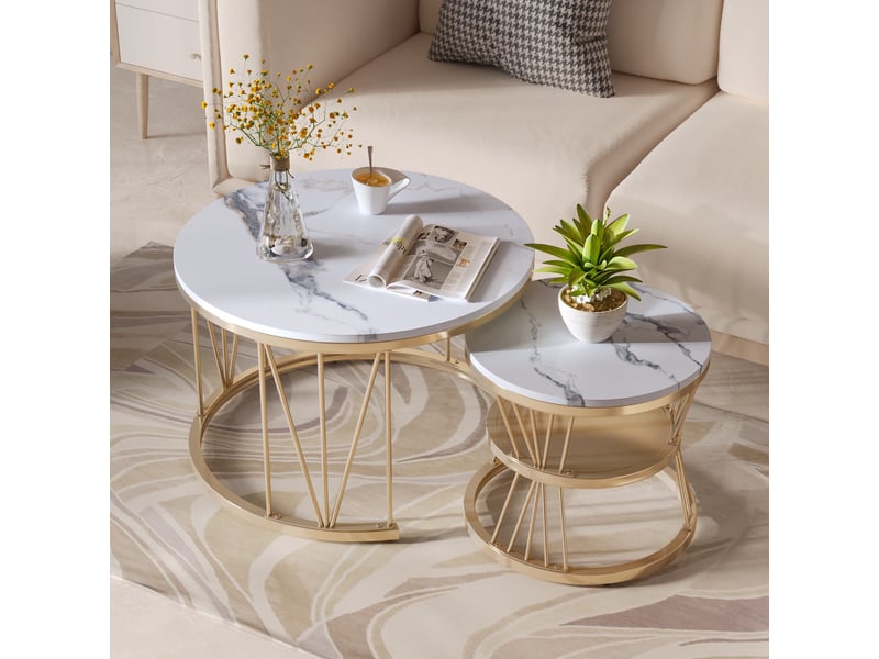  Lot de 2 tables basses - 70x70x45cm - table de salon gigognes rondes, effet marbre blanc, structure métallique v - doré  - Conforama C