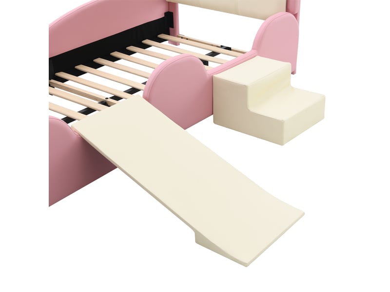  Lit enfant 90x200 cm en pu, lit simple avec toboggan, escalier et led multicolore, sans matelas, rose et beige  - Conforama E