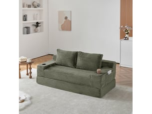 Canapé droit convertible 2 places en velours côtelé vert avec porte-gobelets et poches de rangement latérales