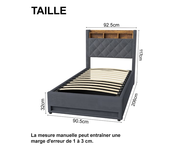  Lit coffre 90x190 cm gris en velours avec led multicolore, usb et rangement intégré  - Conforama B
