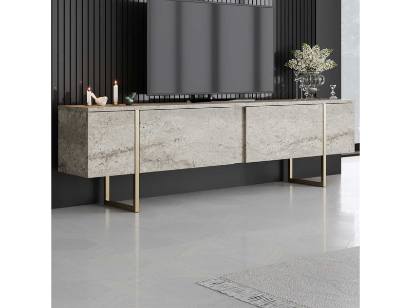 Meuble tv moderne 2 portes sibylle l180cm bois effet travertin et métal or Sibylle - Conforama C