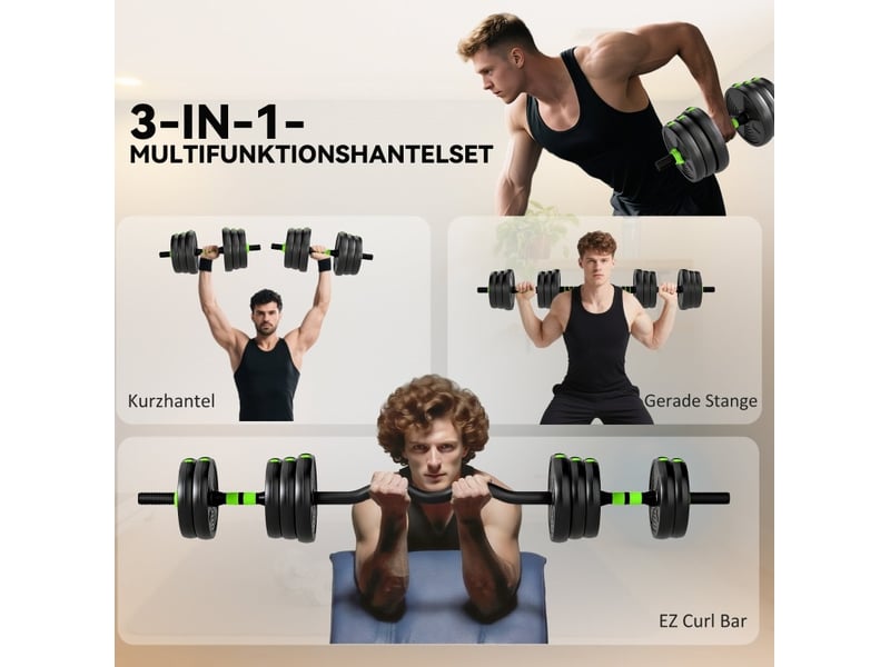 Set d'haltères réglable de musculation 25 kg 3 en 1, 140x22x22 cm – vert – avec barres droite et ez - Conforama D