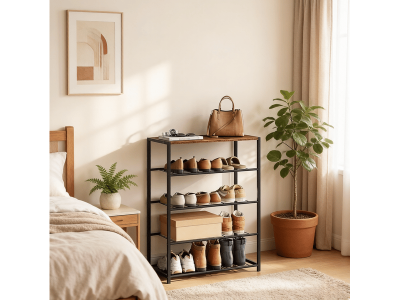  Meuble à chaussures 63x30x83 cm ouvert mdf métal noir marron rustique  - Conforama C