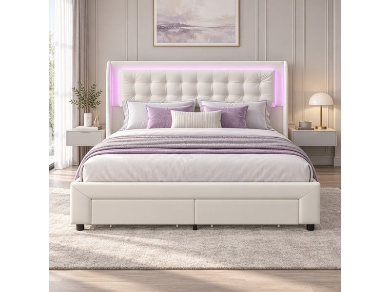  Lit coffre 2 places 180x200 cm avec tête de lit, lit adulte, 2 tiroirs, rangement, led, design européen, velours beige  - Conforama C