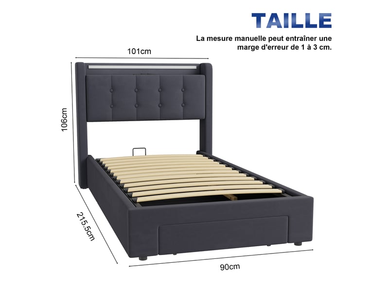 Lit coffre simple 90x200 cm avec led et tiroir, coloris gris - Conforama C