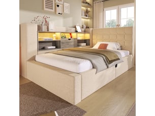 Lit coffre simple 90 x 190 cm avec tête de lit en l réversible avec niches, éclairage led, prises de charge et sommier relevable, lin, beige