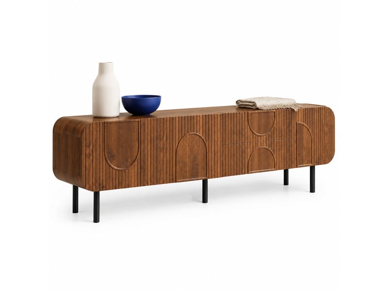  Meuble tv 180x40x47.5 cm avec 3 portes et 2 tiroirs en mdf et panneaux de particules noyer  - Conforama A