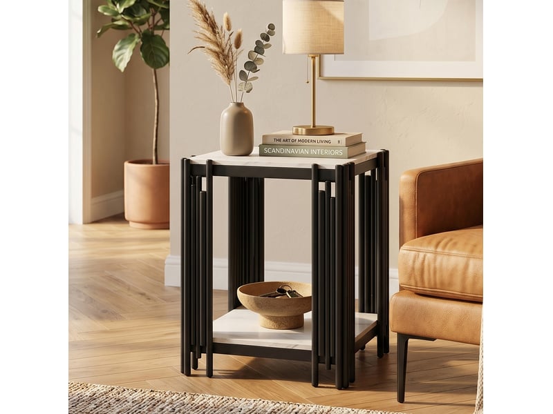  Table de chevet à 2 niveaux 43 x 40 x 54,7 cm, mdf effet marbre, noir et blanc  - Conforama B