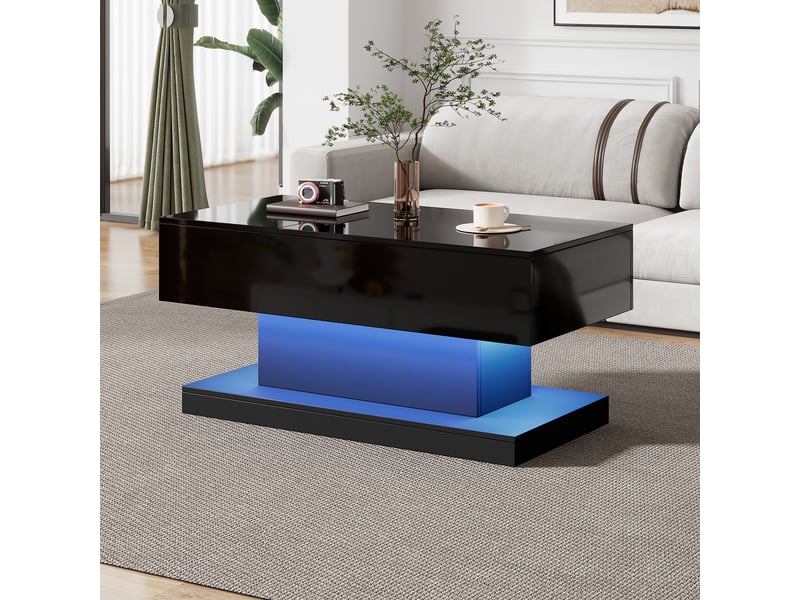  Table basse relevable noire 100x50x45 cm avec éclairage led, plateau coulissant et rangement intégré  - Conforama R