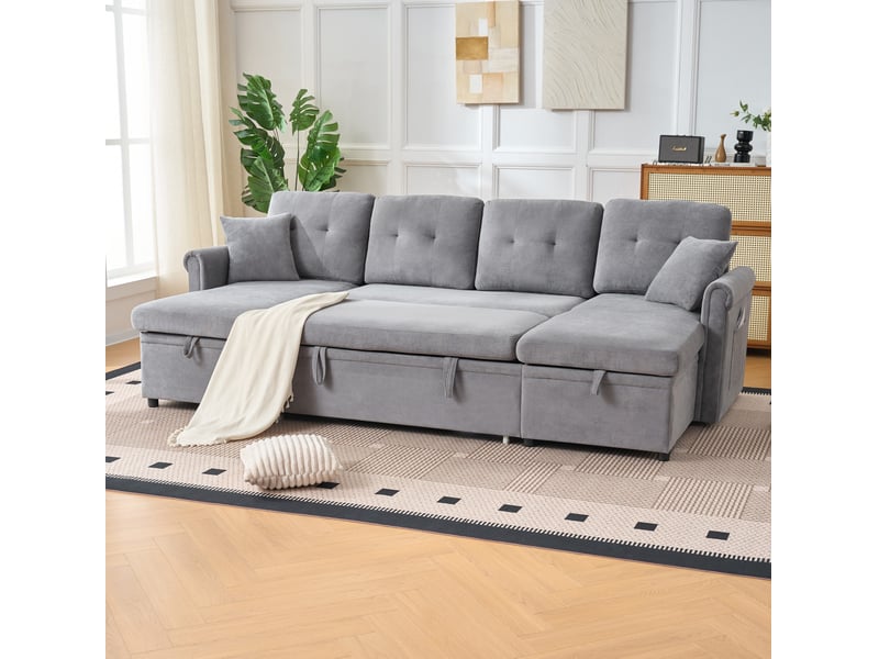  Canapé panoramique convertible tcqpz 4 places 266 x 130 x 85 cm avec rangements chenille gris  - Conforama D