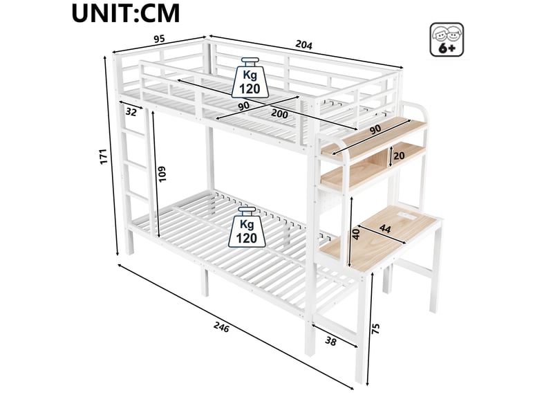 Lit superposé enfant 90x200 cm avec bureau, led et usb blanc  - Conforama C