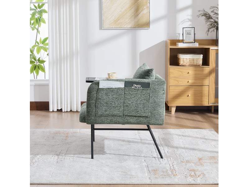  Fauteuil avec table d’appoint 64x67x71 cm, pieds métalliques, rangement latéral, pour salon, bureau, chenille vert émeraude  - Conforama E