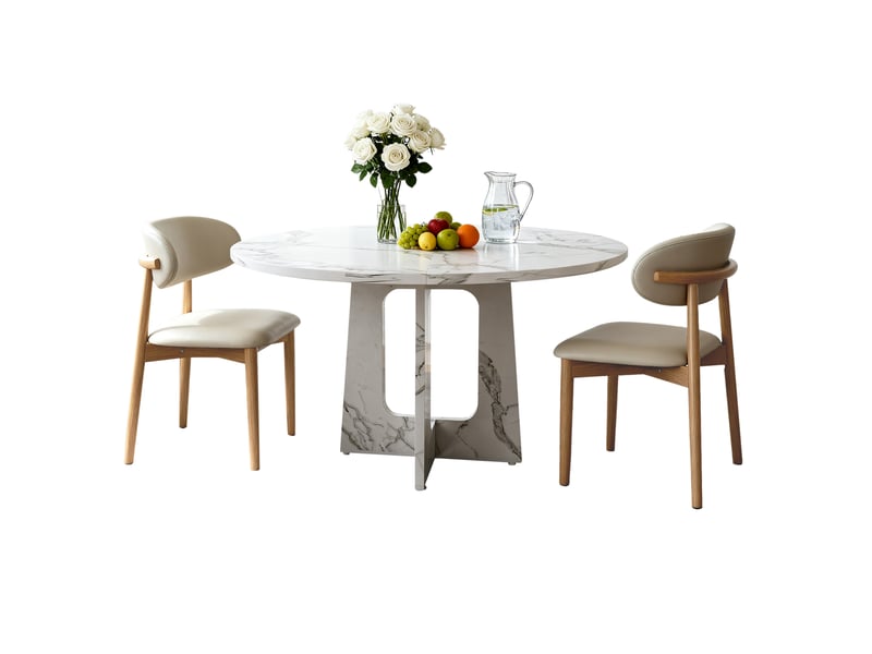  Ensemble table ronde et 2 chaises, table à manger ronde 4 à 6 personnes, effet marbre blanc, mdf et pieds en chêne massif  - Conforama A
