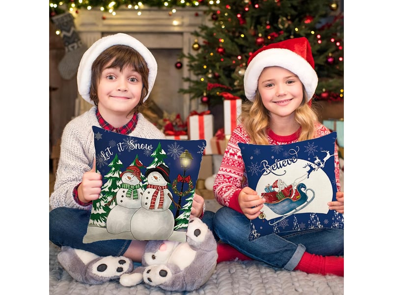  Housses de coussin de noël décoratives, 45 x 45 cm, lot de 4, pour canapé et chambre à coucher, bleu  - Conforama E