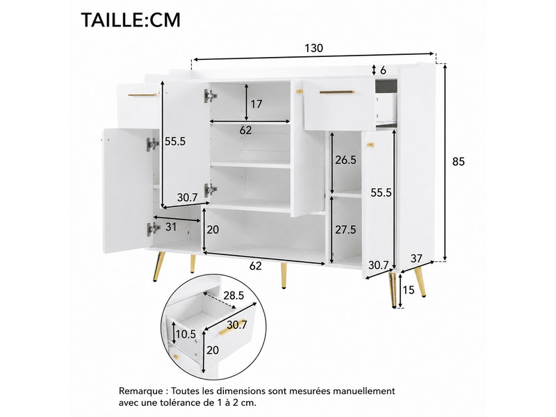  Meuble à chaussures blanc – 2 tiroirs, 4 portes et niche ouverte – 130 x 37 x 100 cm  - Conforama D