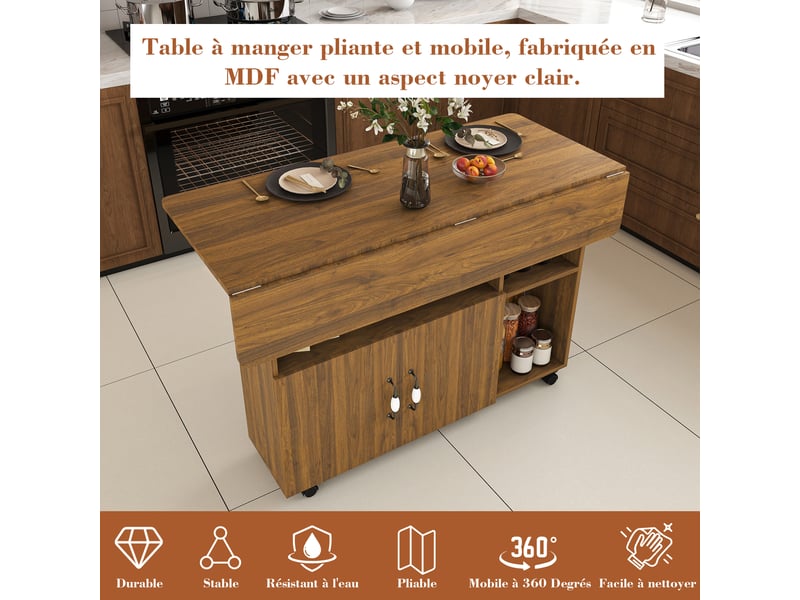 Table pliante mobile,110x70x80 cm,avec rangement,mdf,noyer clair - Conforama E
