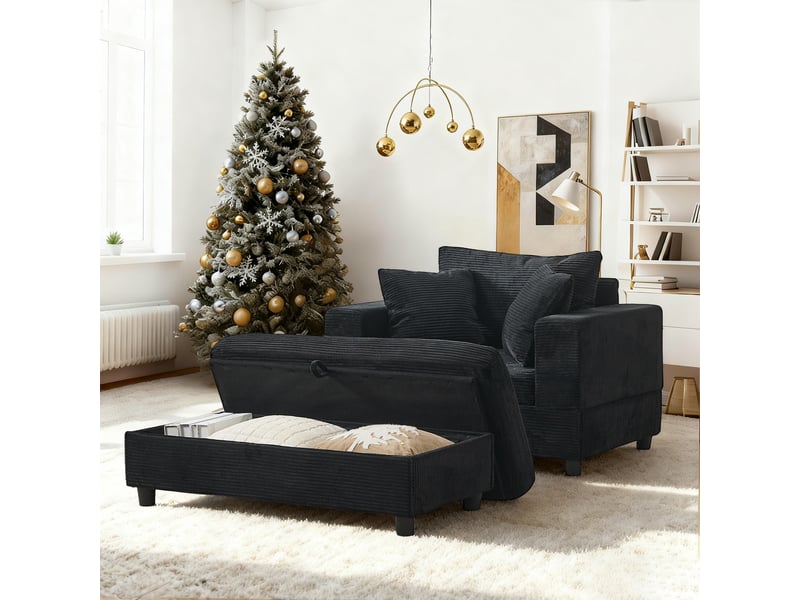 Chaise longue noire avec repose-pieds et rangement, fauteuil lounge moderne avec trois coussins pour salon ou chambre - Conforama D