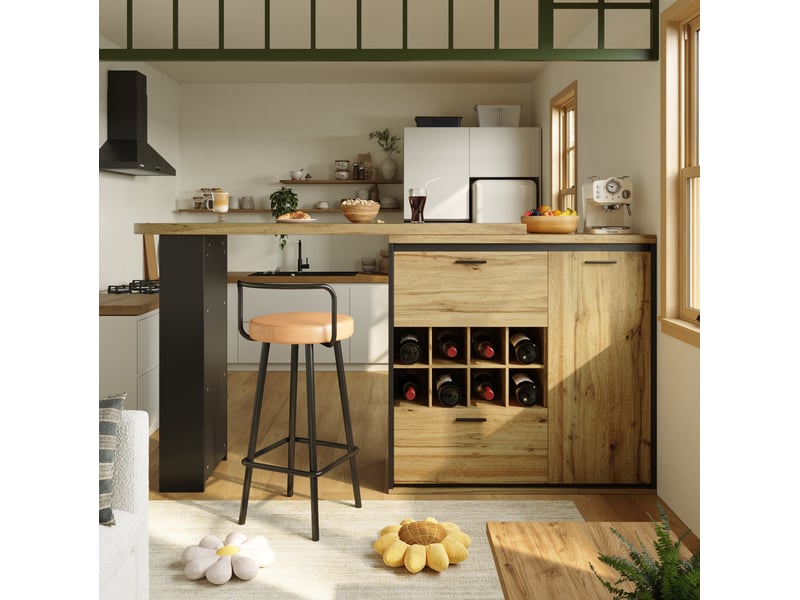  Bar extensible 138-220 x 39 x 105 cm, rangement intégré 2 tiroirs + casier vin, plateau effet bois mdf et métal, bois  - Conforama R