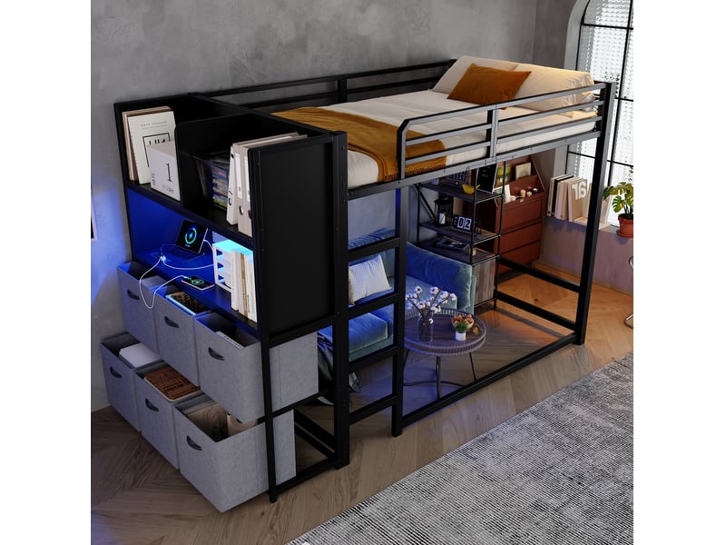  Lit mezzanine 120 × 200 cm 1 place avec étagères, tiroirs, éclairage et station de charge, sans matelas, noir gris  - Conforama B