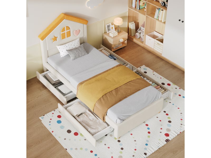  Lit cabane enfant beige 90 × 200 cm en velours, avec 4 tiroirs, charge maximale 150 kg, structure rembourrée  - Conforama D