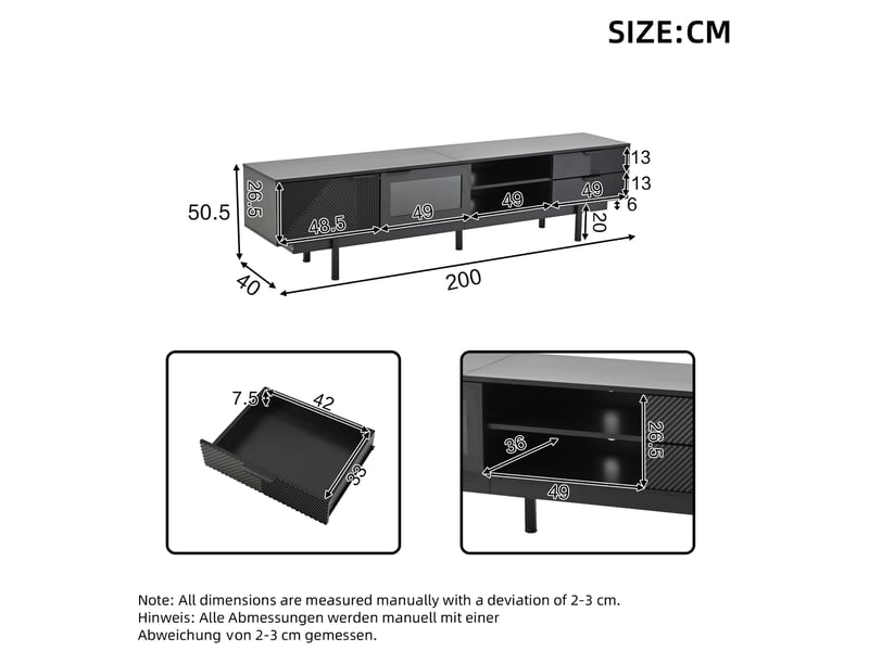  Meuble tv 200x40x50,5 cm, 2 portes, 2 tiroirs, rangement 3 niveaux, pour tv 80 pouces, panneau de particules, noir  - Conforama C