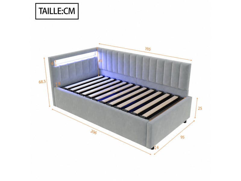  Lit banquette 1 place en velours gris avec coffre hydraulique, led et dossier réversible, 90x200 cm, sans matelas  - Conforama D