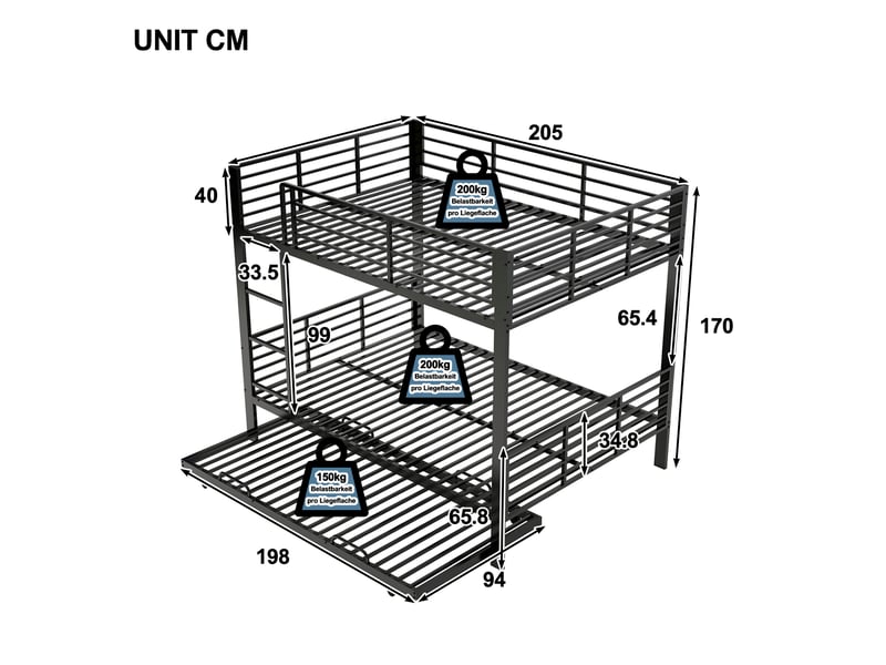  Lit superposé 140 × 200 cm 3 places avec lit gigogne, barrière de sécurité et échelle, sans matelas, métal noir  - Conforama D