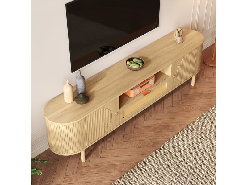  Meuble tv rotin avec plateau en bois arrondi, 175 cm, tiroirs de rangement et pieds en métal, style moderne pour salon  - Conforama W