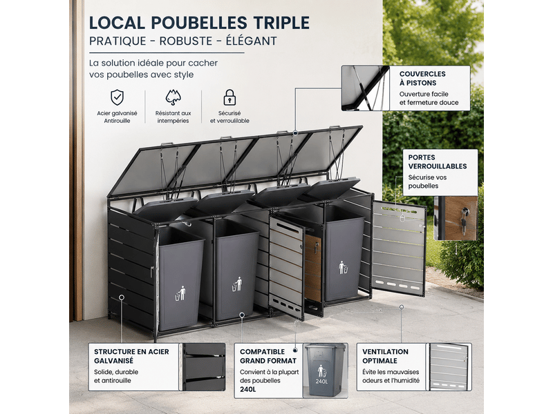 Coffre de jardin métal avec couvercle hydraulique pour 4 poubelles effet bois - Conforama D
