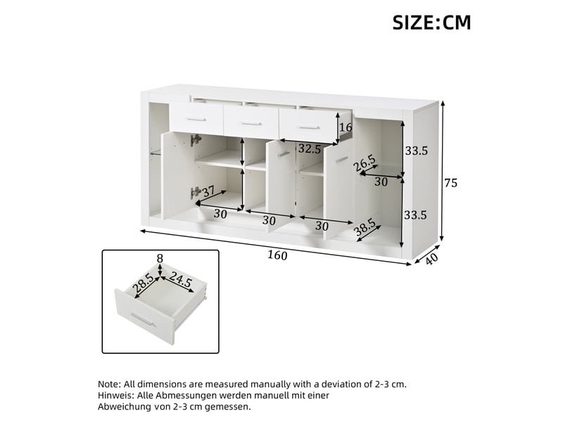  Meuble tv 160 x 40 x 75 cm blanc avec éclairage led, 3 tiroirs, 3 portes et 14 compartiments  - Conforama E