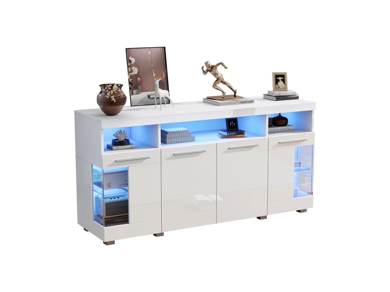  Buffet bas 140 x 40 x 70 cm brillant avec éclairage led multicolore, portes en verre trempé, 3 tiroirs en mdf, blanc  - Conforama A