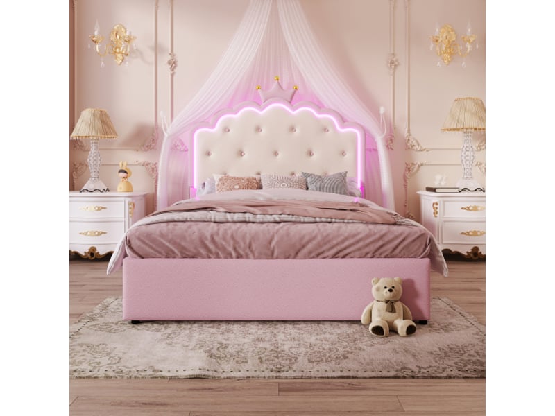  Lit gigogne 140x200cm coloris rose led pu lit enfant rose - Conforama D