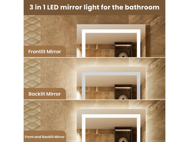  Miroir led 100 x 60 cm, miroir lumineux mural, fonction antibuée, 3 températures de couleur 3000k4500k6000k, luminosité réglable, rectangulaire  - Conforama C