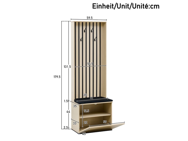  Meuble d'entrée avec 4 crochets, banc à coussin et rangement pour chaussures, en mdf effet bois, 61 × 35 × 179,5 cm  - Conforama D