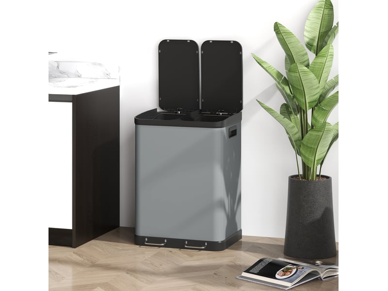  Poubelle 2x30l avec pédale, boîte de rangement pour déchets avec couvercle et pédale, seau à déchets en métal avec bac intérieur pour salon et bureau, 48,8x39,5x67cm  - Conforama E