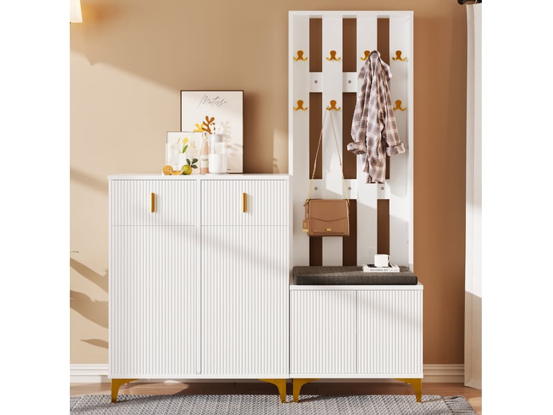  Ensemble vestiaire ulevr avec rangement, meuble à chaussures 2 tiroirs et 2 portes, patères dorées, panneau de particules blanc  - Conforama D