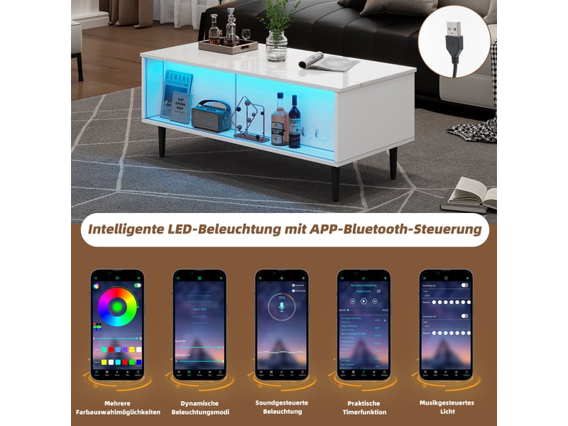  Table basse relevable 105x50 cm avec rangement caché, lumières led et portes en verre trempé, blanche brillante  - Conforama D