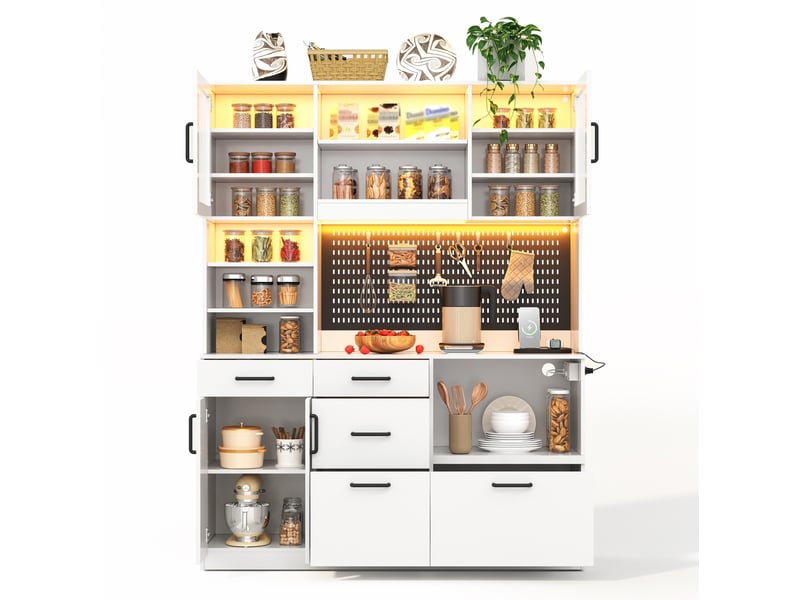 Buffet de cuisine avec plan de travail, 5 tiroirs, étagères réglables, prises et éclairage led, blanc, en mdf - Conforama A