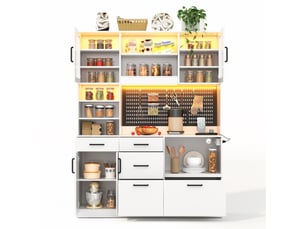 Buffet de cuisine avec plan de travail, 5 tiroirs, étagères réglables, prises et éclairage led, blanc, en mdf
