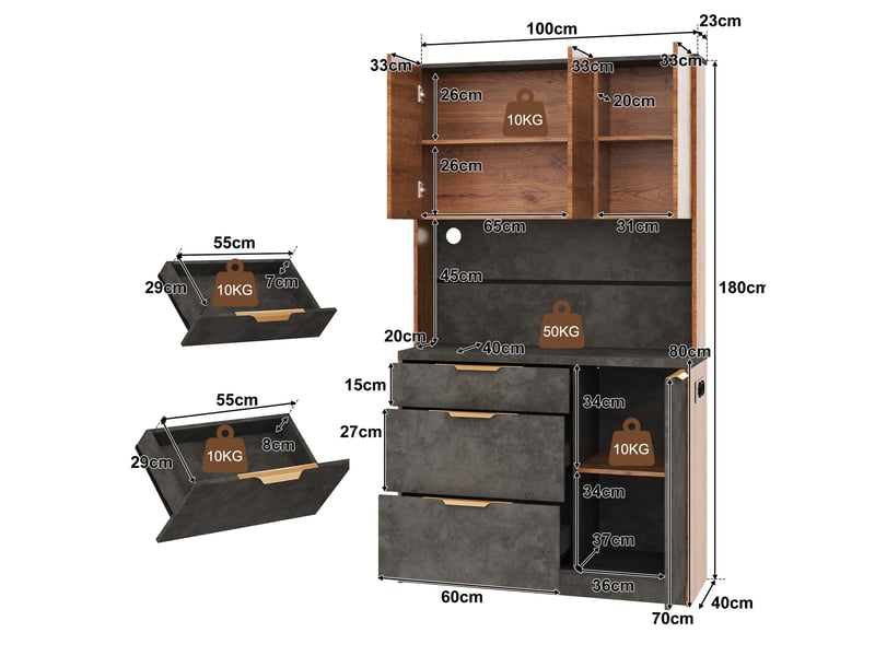  Buffet haut 4 portes 3 tiroirs led avec prises 100 x 40 x 180 cm evryae  - Conforama E