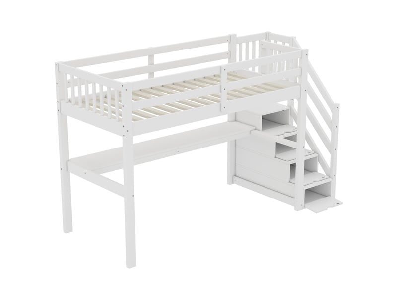  Lit mezzanine enfant avec bureau et tiroirs de rangement, blanc, 90x200 cm  - Conforama E