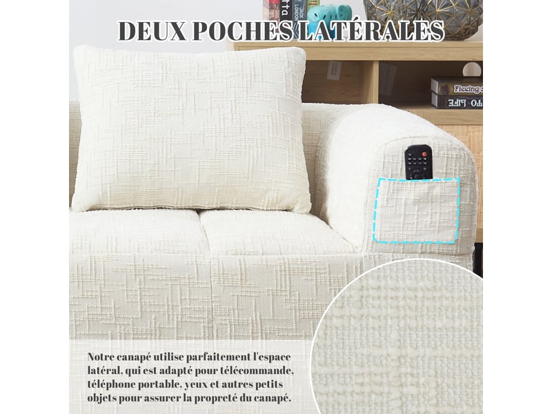 Canapé droit 2 places en chenille beige 158x90x60 cm, coussins inclus, poches latérales, sans assemblage 158x90x60cm - Conforama E